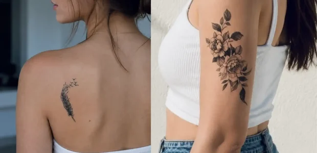 Split image of a feather-and-birds shoulder blade tattoo and a floral upper arm tattoo, EasyTatt temporary tattoos