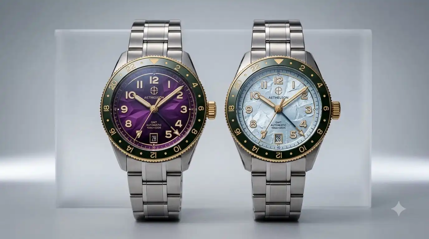 Aethelsohn Amethyst Shard and Glacier Blue watch dials shown side by side