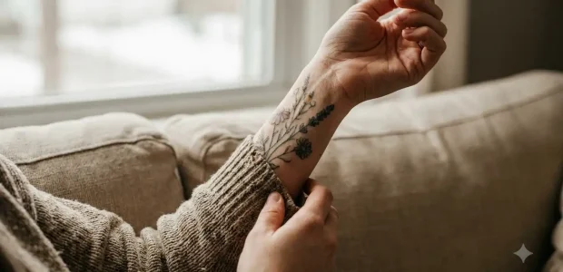 Wrist with a floral EasyTatt semi permanent tattoo as a hand adjusts a knit sweater cuff on a beige sofa
