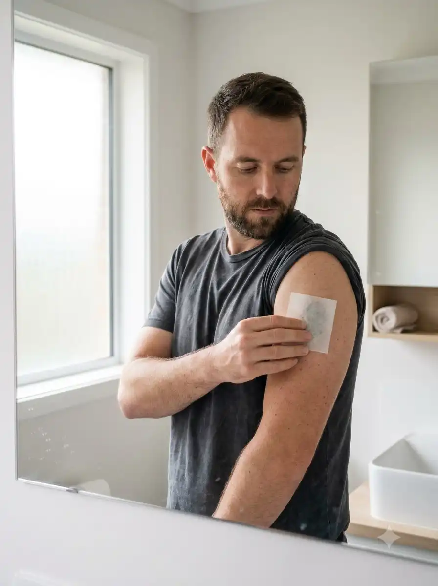 Is there a way to try out a tattoo? A man at a bathroom mirror presses a temporary tattoo transfer onto his upper arm
