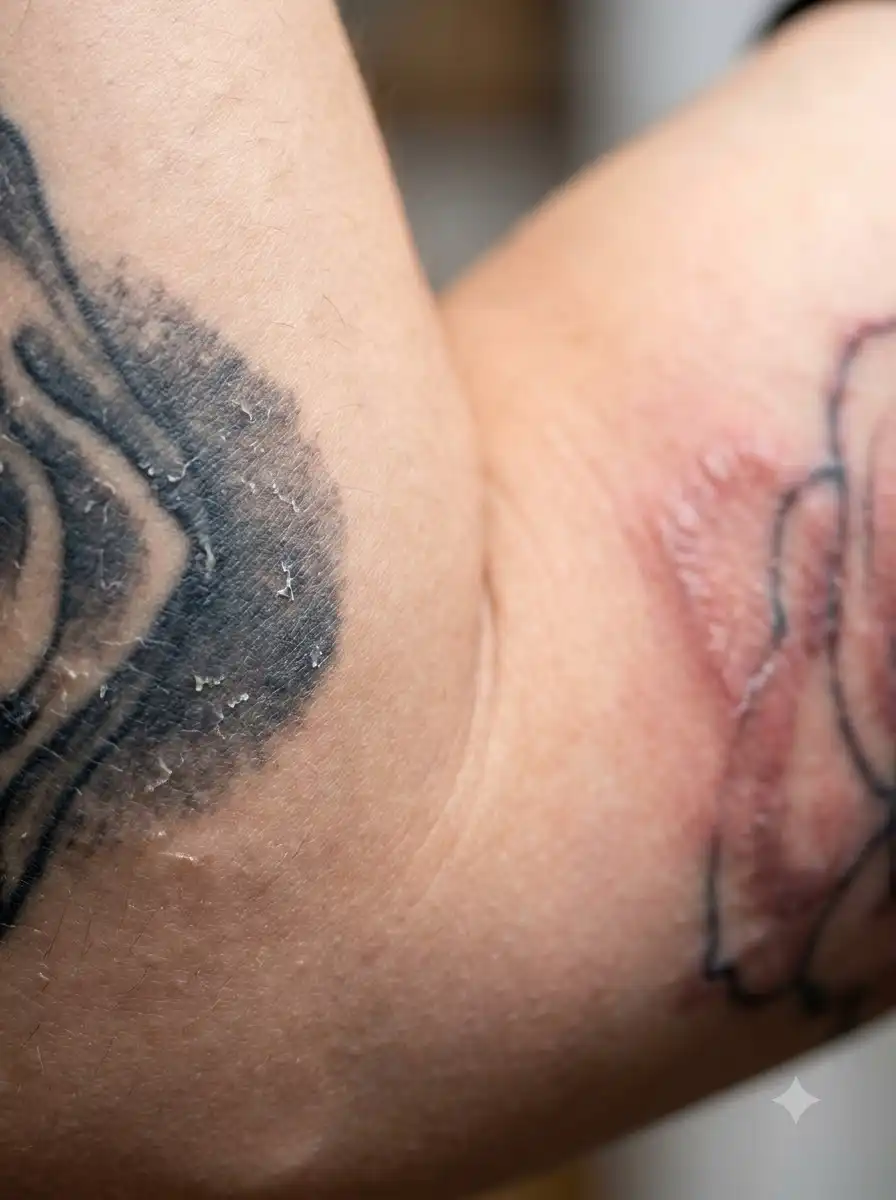 Close-up of a tattooed inner elbow showing flaking skin and red, irritated areas, a tattoo aftercare example