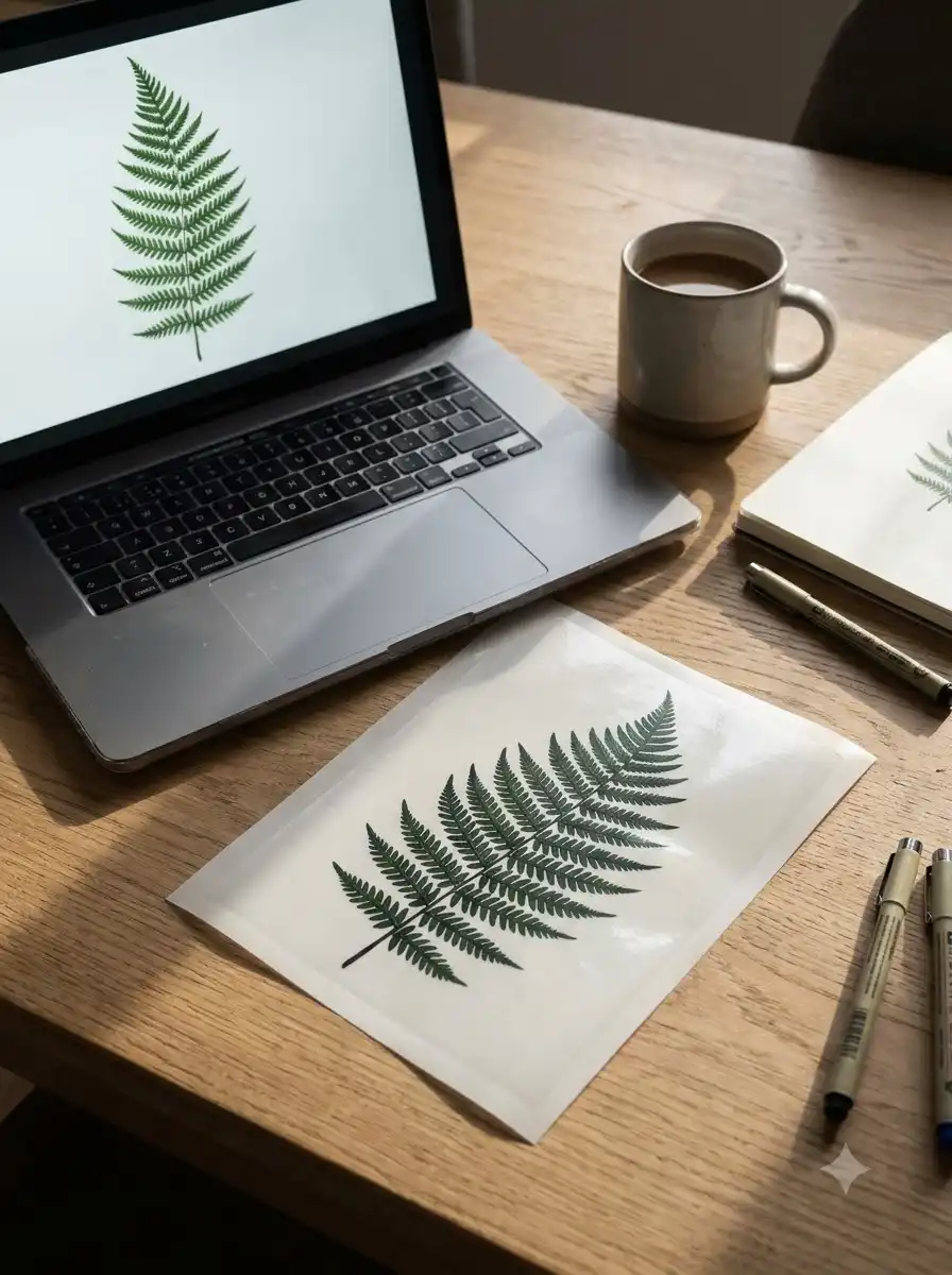 How can I convert an image to a temporary tattoo? A laptop showing a fern graphic beside the printed temporary tattoo sheet on a wooden desk