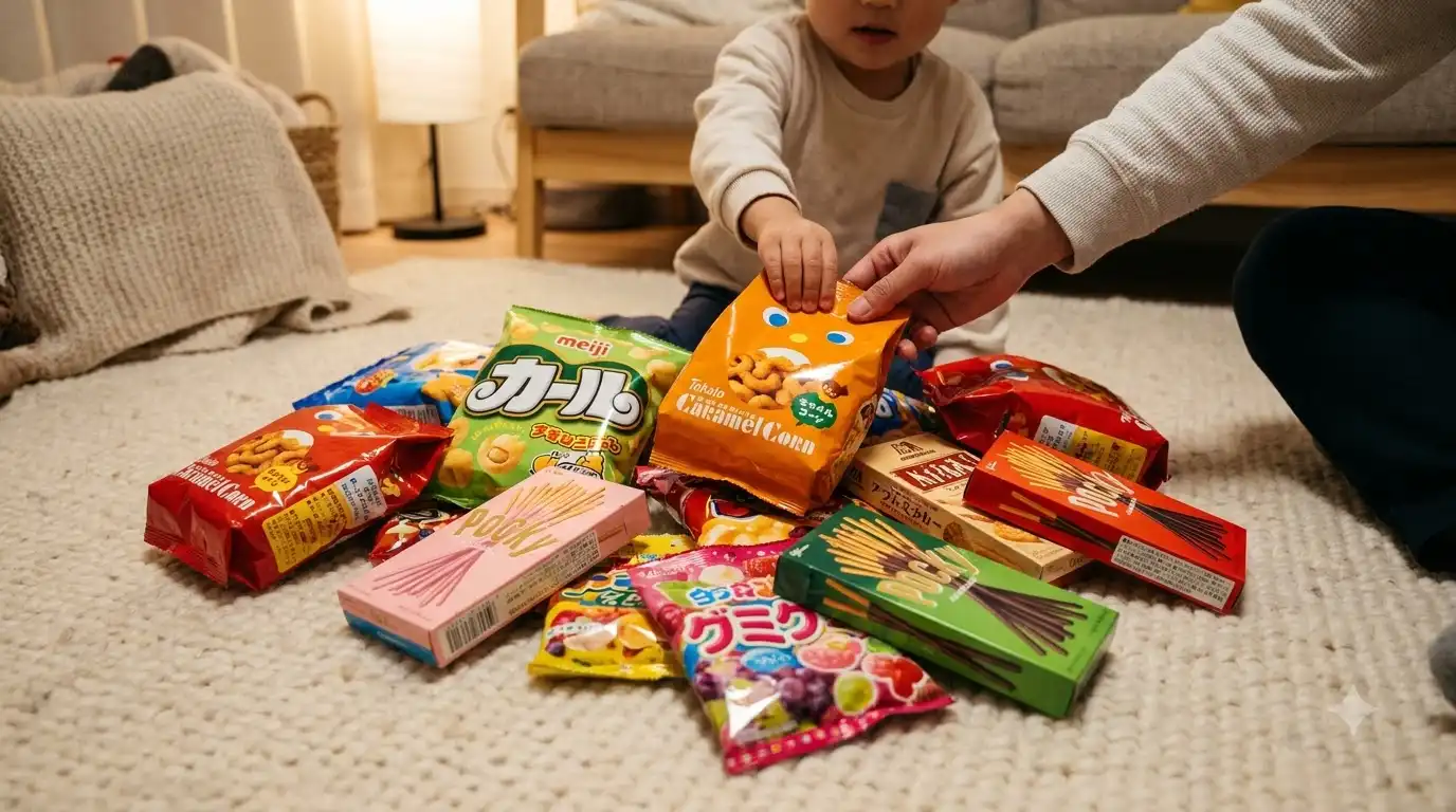 Ten mixed Japanese snack packs from a best-before clearance bundle