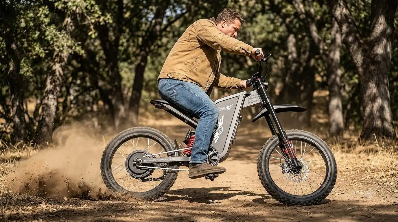 Man in a tan jacket and jeans riding a Freego X2 Pro electric bike along a dusty forest trail, kicking up dirt