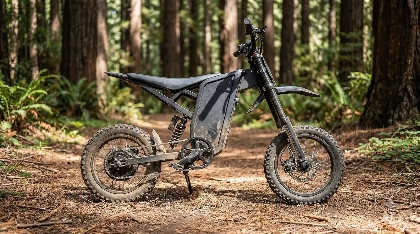 Muddy black electric dirt bike parked on its kickstand on a forest trail, the type covered in this best electric dirt bike under $3000 guide