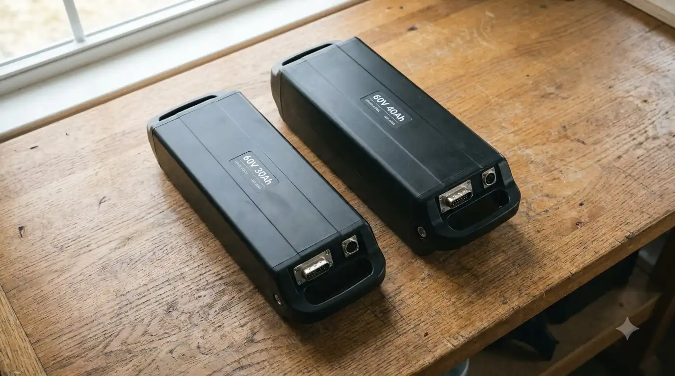 Two black e-bike battery packs on a wooden table, labeled 60V 30Ah and 60V 40Ah for the Freego X2 Pro Range