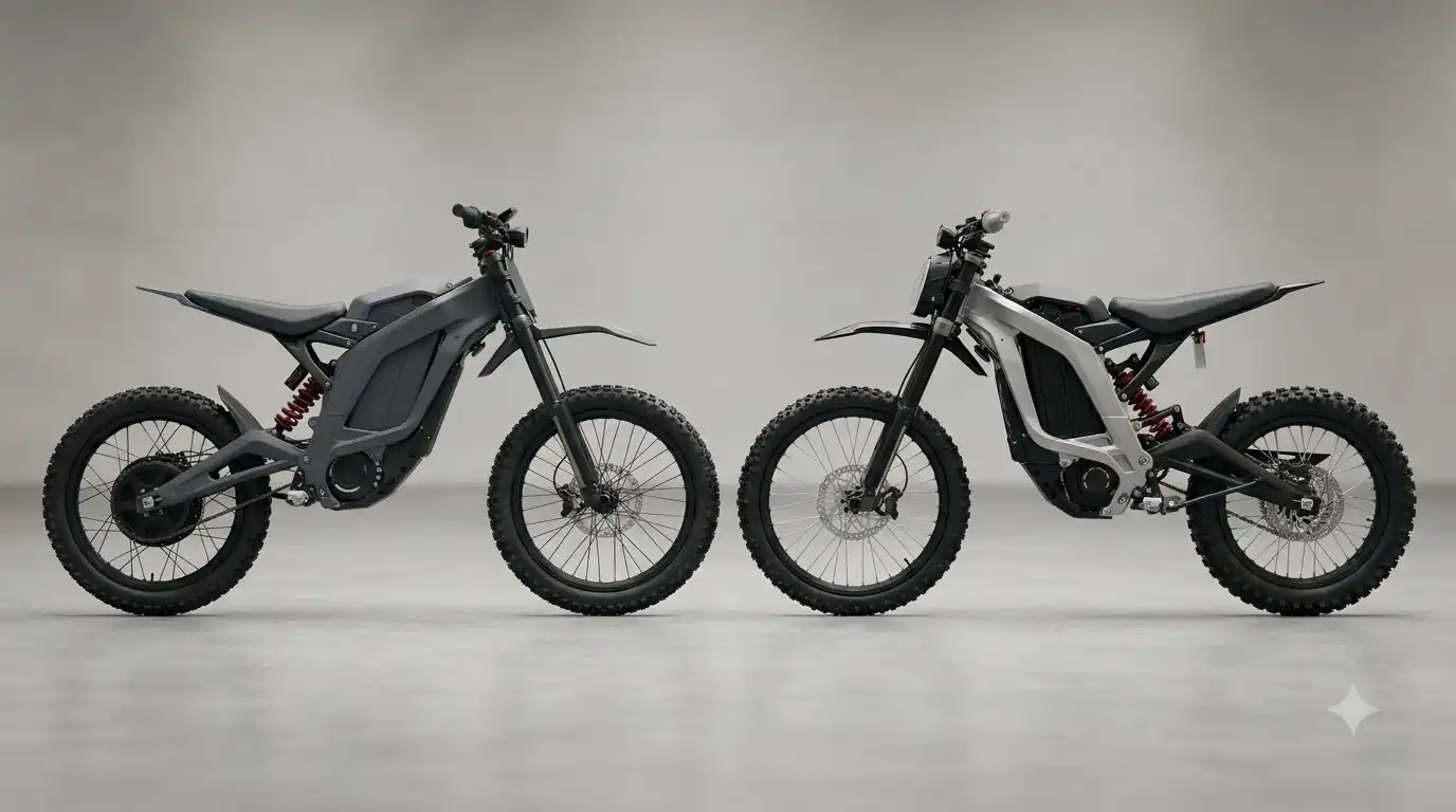 Dark gray and silver electric dirt bikes facing each other in a studio for a Freego X2 Pro vs Segway Xyber comparison