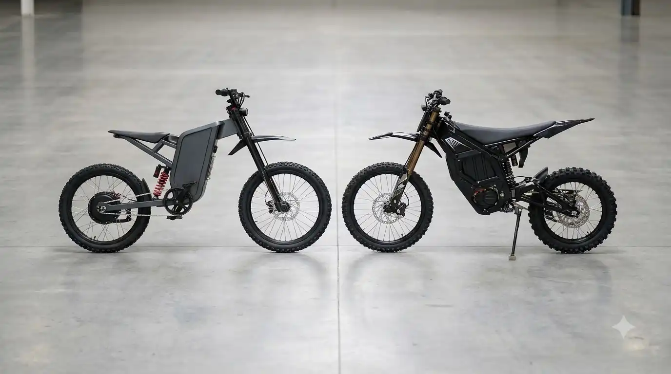 Two black and gray electric dirt bikes parked side by side on a concrete floor, freego x2 pro vs juiced nomadix