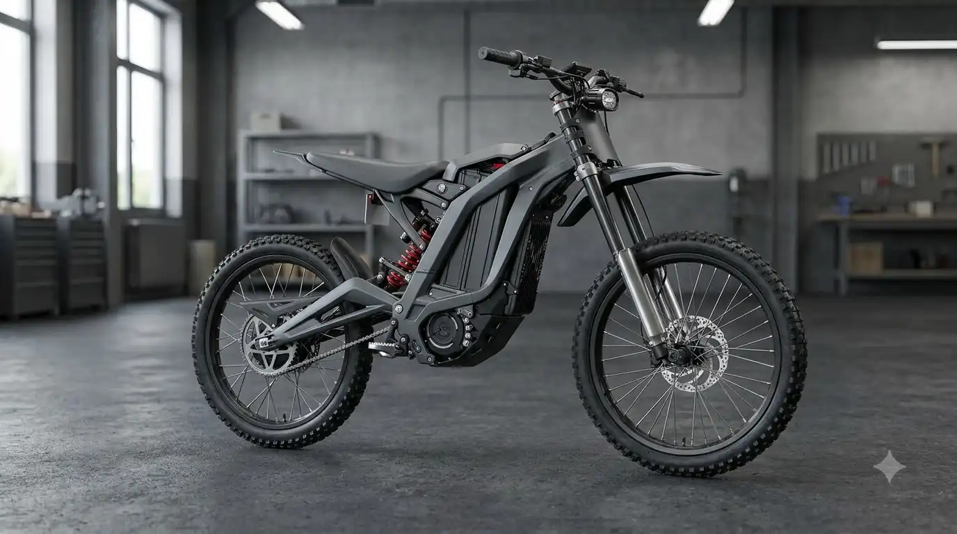 Freego X2 Pro price and specs: electric dirt bike in Dark Gray shown in a side view inside a workshop with tool shelves behind