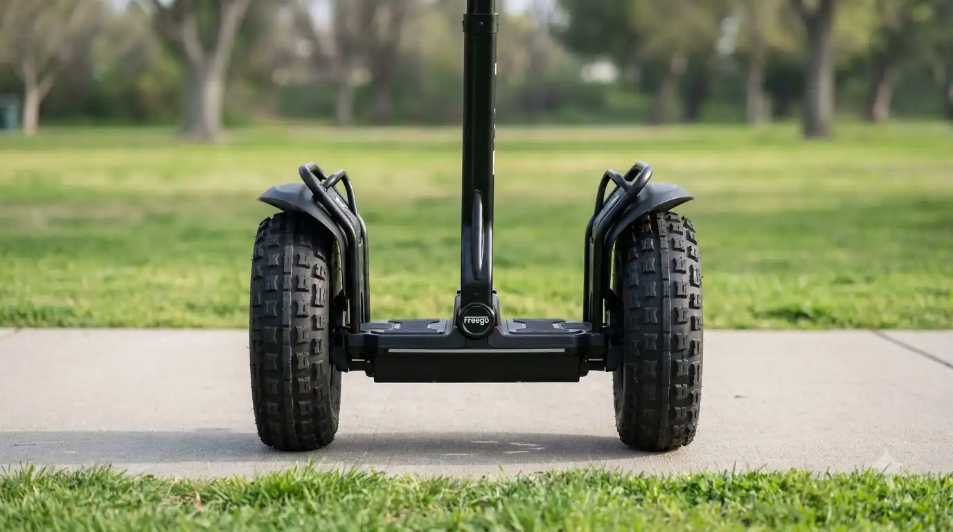 Black X60 Plus Freego scooter with off-road tires standing on a paved path beside grass