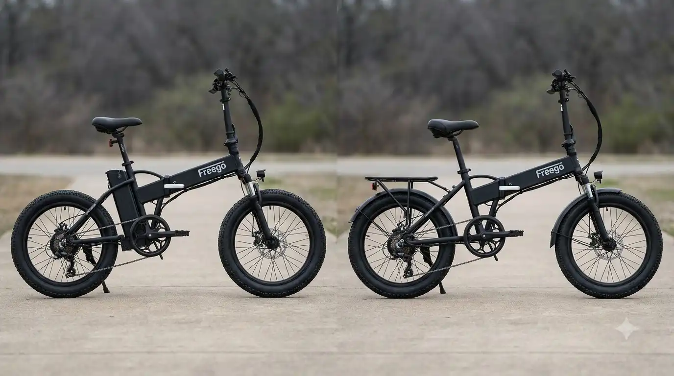 Freego folding electric bike models eFlex Lite B-20A and B-20B side by side, the right model with a rear rack and fenders