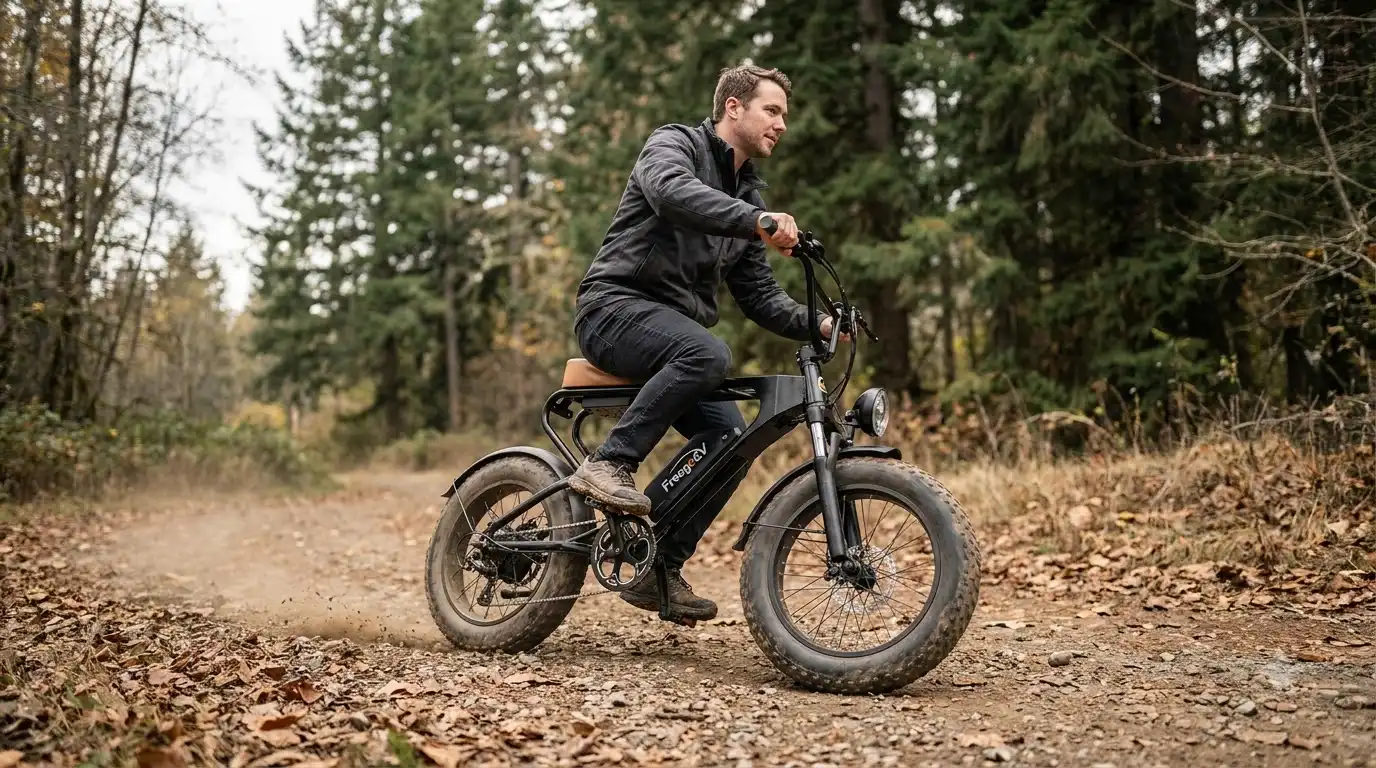 Man testing the Freego F1 Pro top speed on a black electric bike with fat tires along a leaf-covered dirt trail through evergreen forest