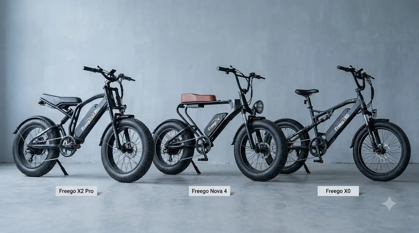Freego X2 Pro, Freego Nova 4 and Freego X0 fat-tire electric bikes parked side by side against a gray concrete wall
