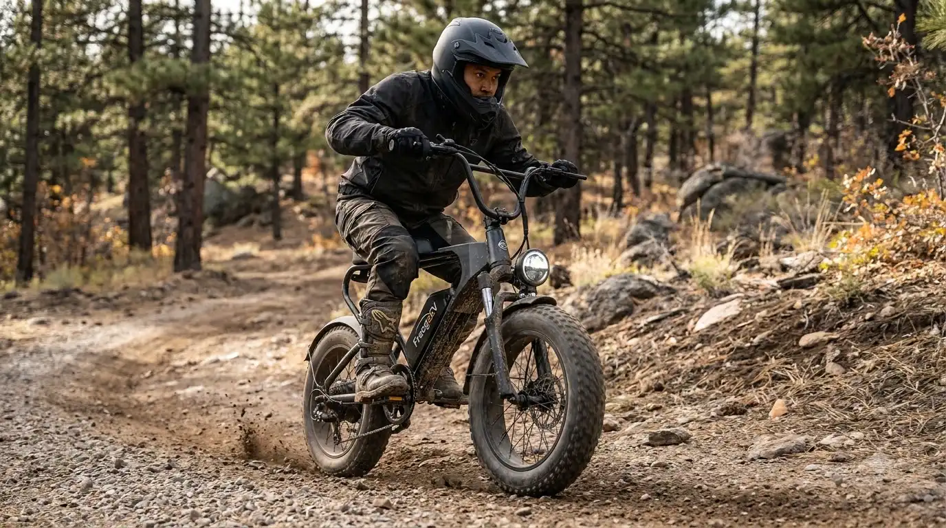 Freego electric bike review: Rider in black gear on a Freego X2 Pro electric bike kicking up dirt on a pine forest off-road trail