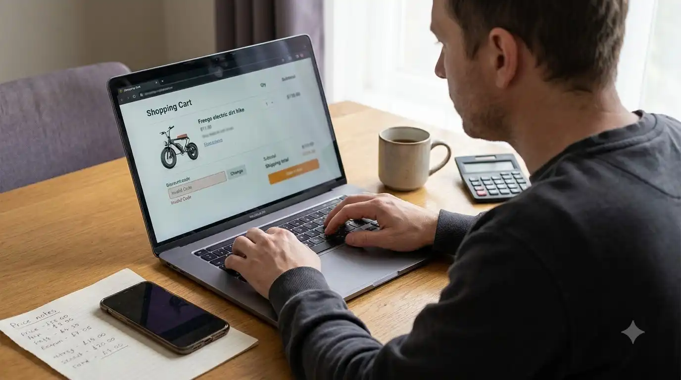 Laptop checkout with a Freego Bikes discount code field showing Invalid Code and an electric dirt bike in the cart