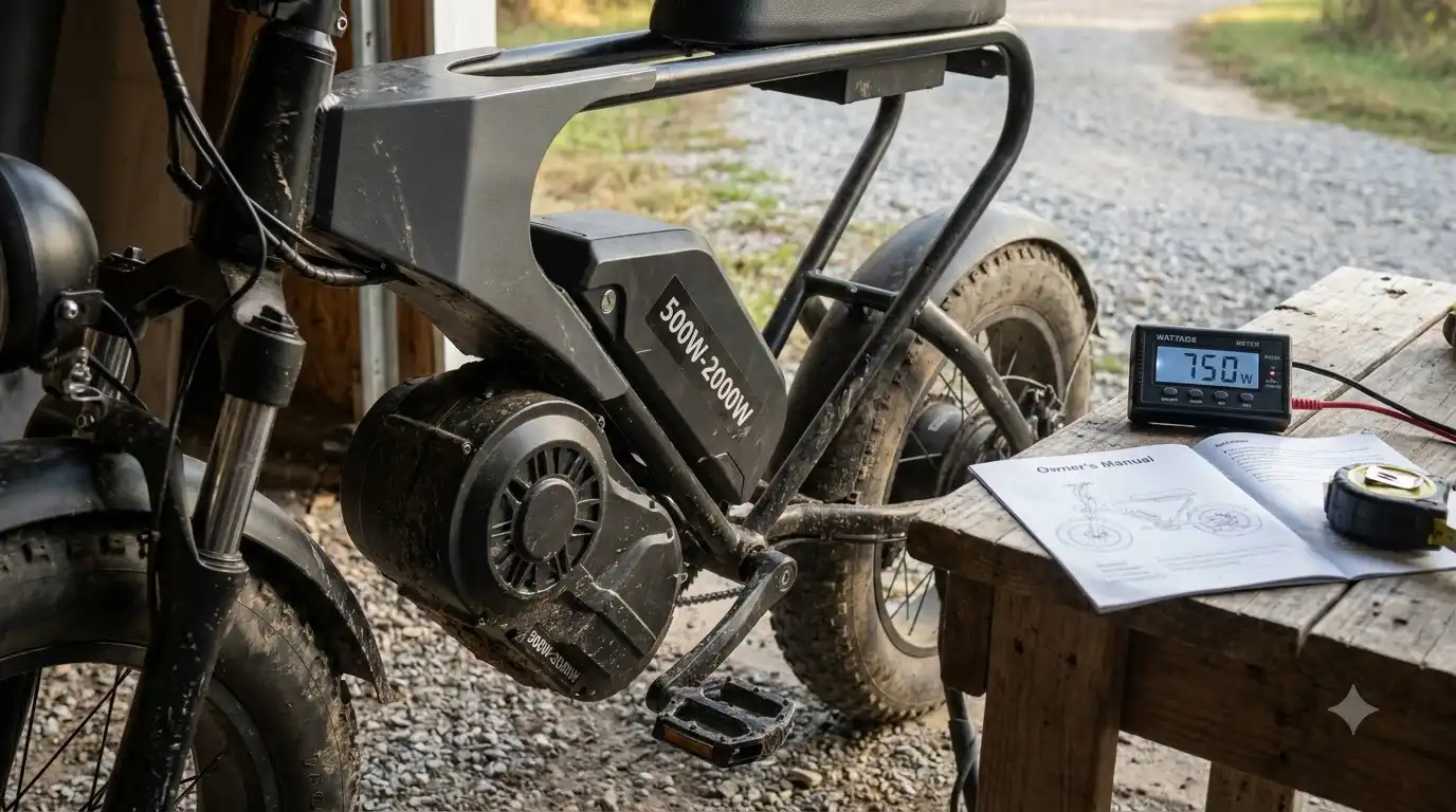 Freego electric bike with a 500W-2000W battery label next to a wattmeter reading 750W and an owner’s manual on a wooden table