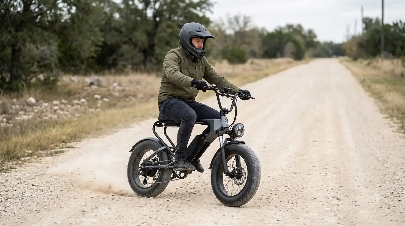Rider in a black helmet and olive jacket on a Freego X2 Pro fat-tire electric bike kicking up dust on a gravel road