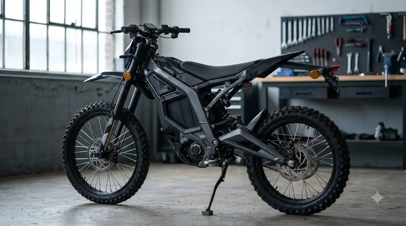 Side view of a black Freego Nova 5 electric dirt bike with knobby tires and disc brakes parked in a workshop