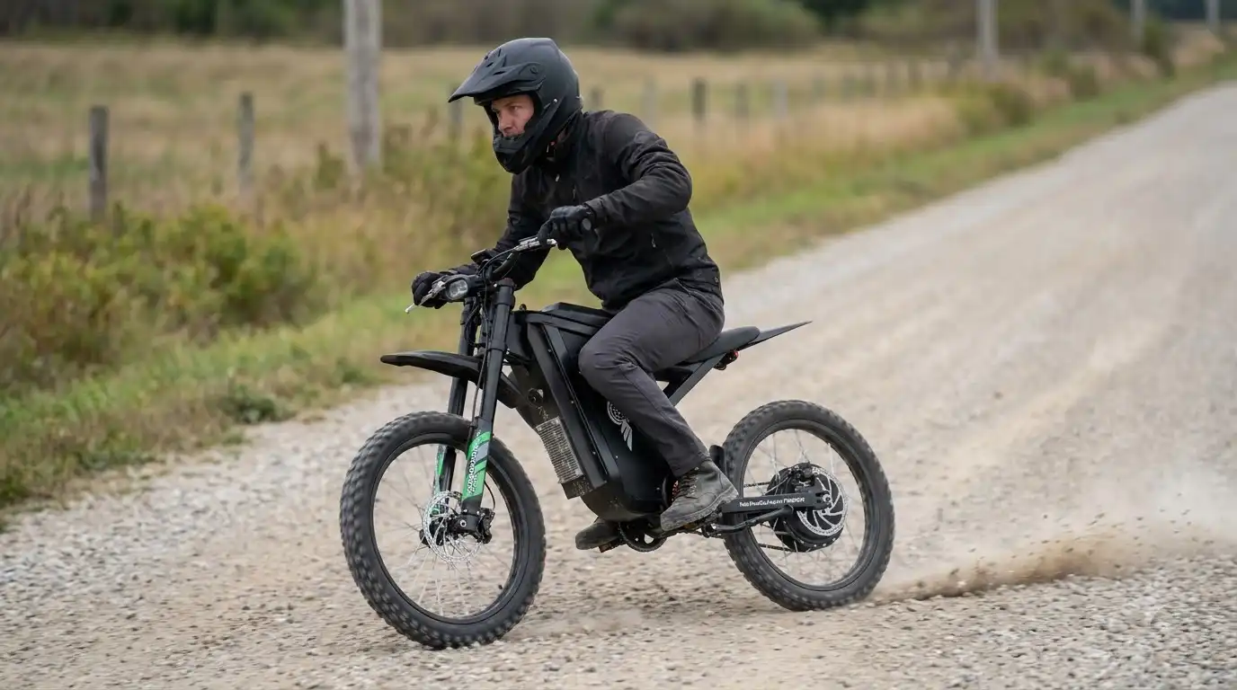 Rider in a black helmet and jacket riding a black Freego X3 electric bike on a gravel road, kicking up dust