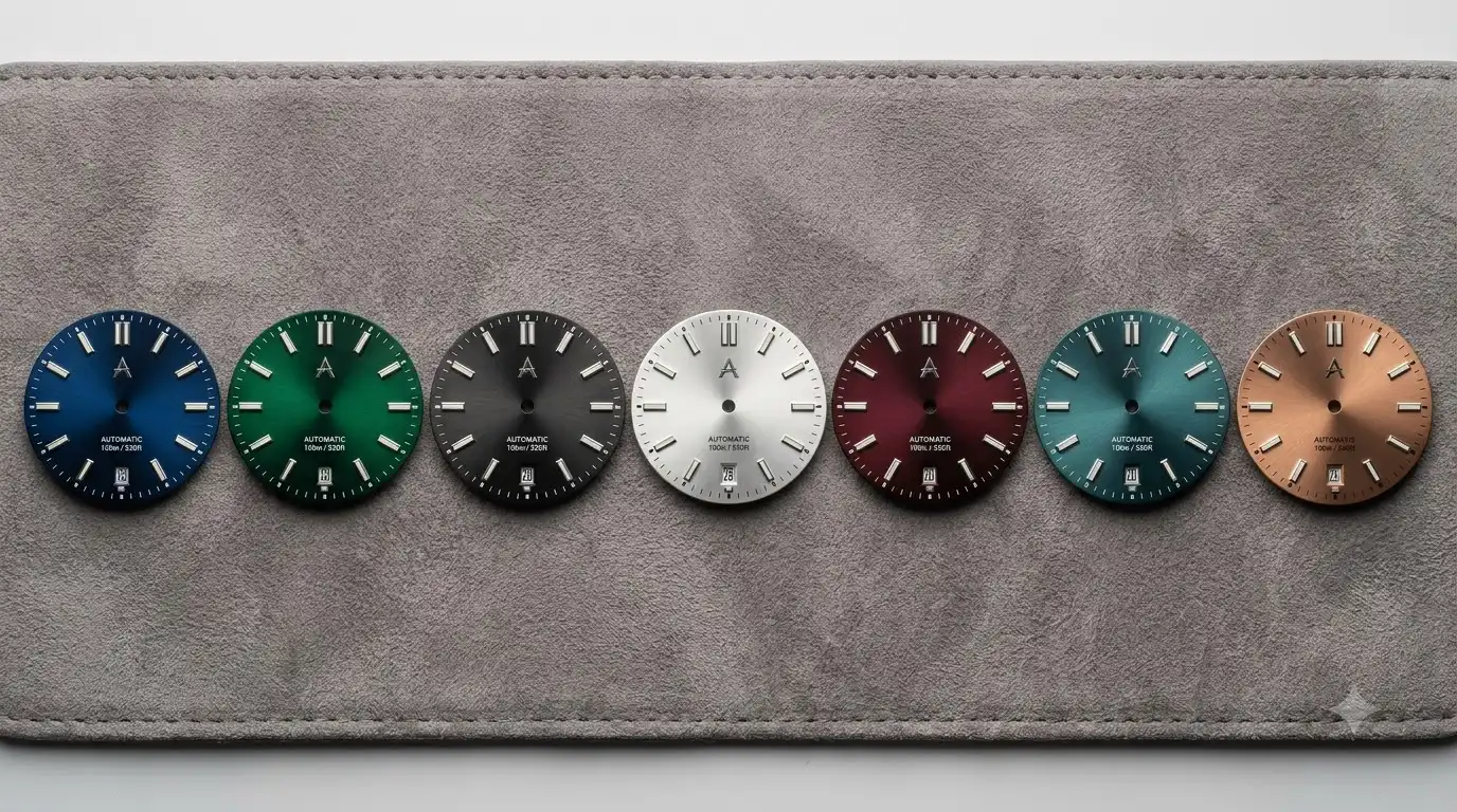 Seven Aethelsohn Shard dial colors lined up side by side for comparison