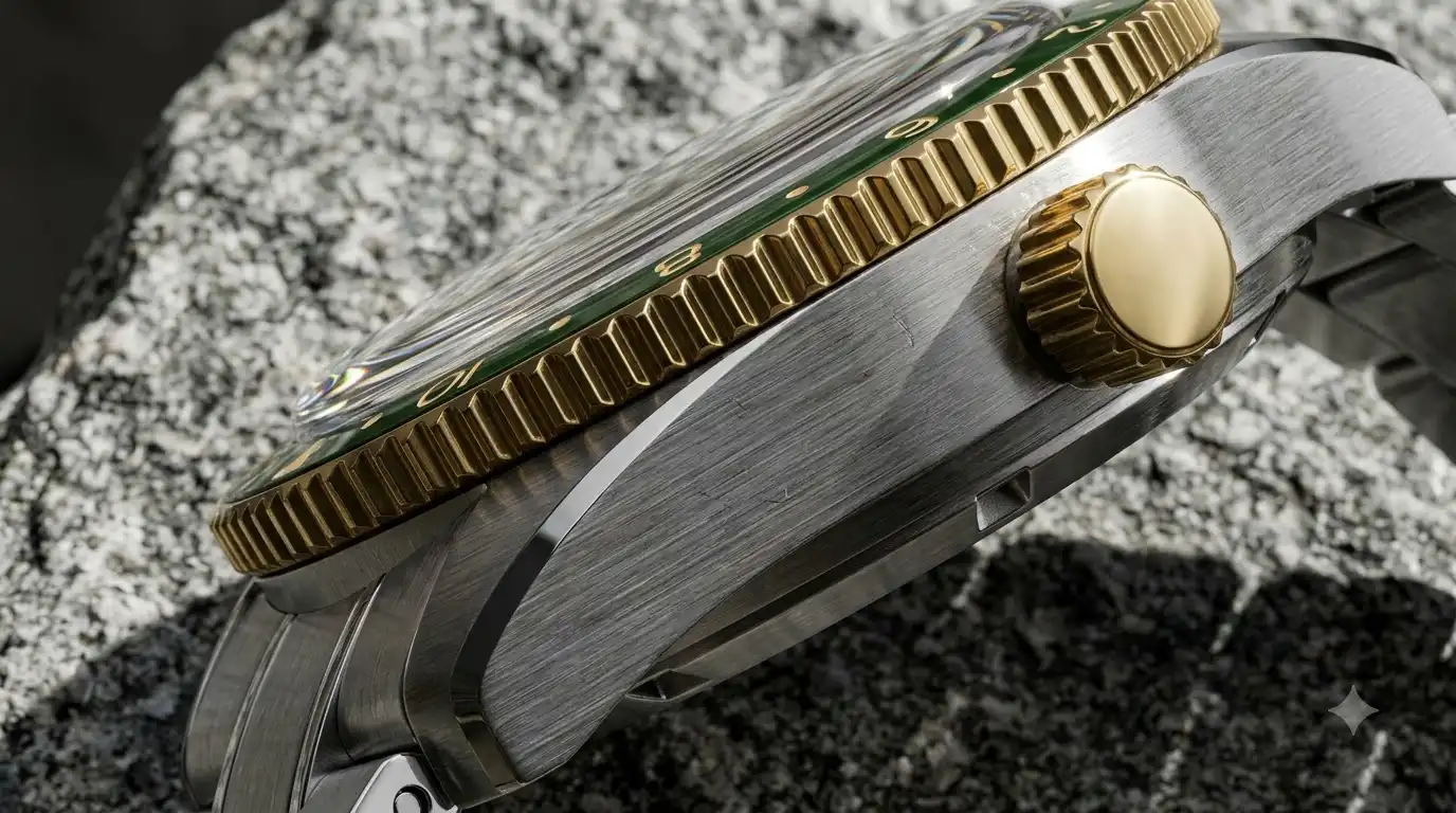 Close-up of the 38mm steel case, ceramic bezel and domed sapphire crystal