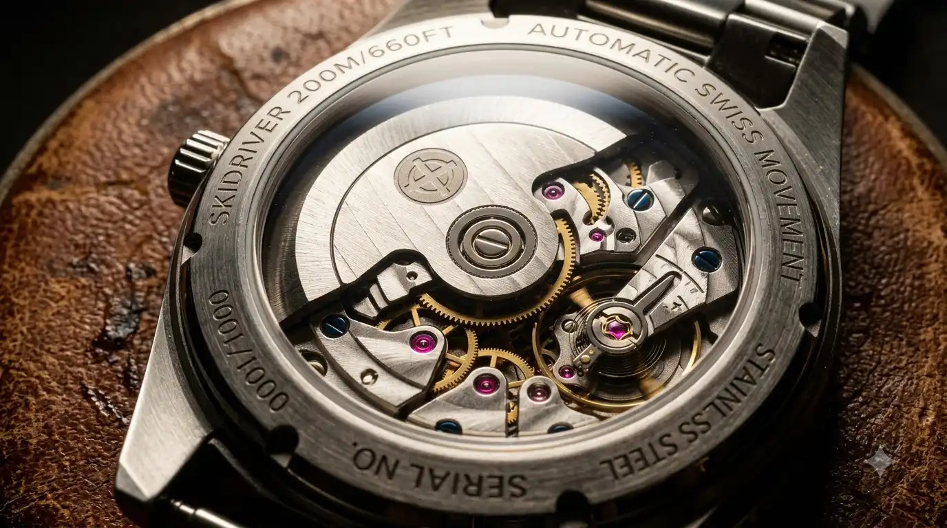 Sapphire exhibition case back of the Aethelsohn Terra Starstone showing the automatic movement