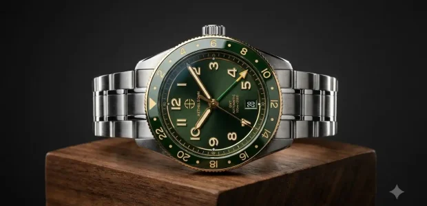 Aethelsohn Horizon Forest GMT watch front view showing dial and green bezel
