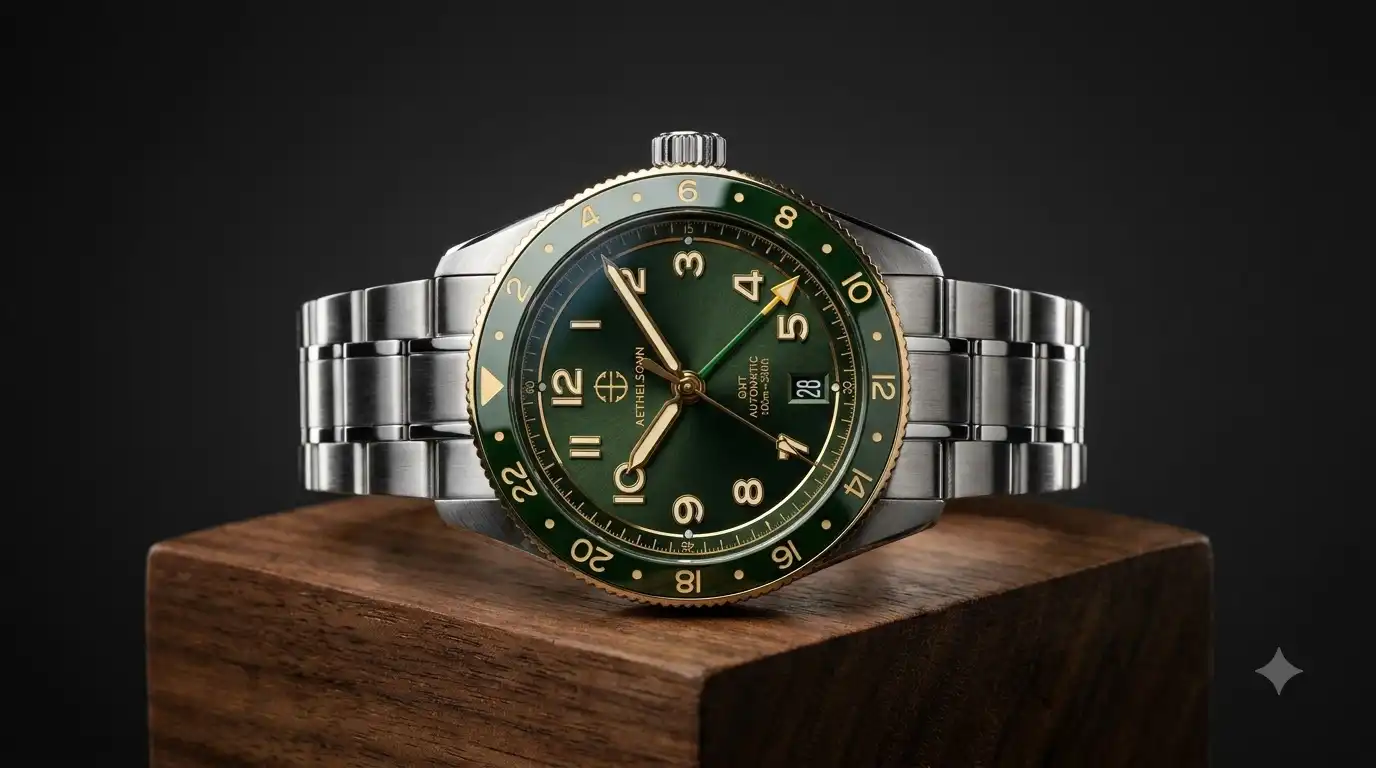 Aethelsohn Horizon Forest GMT watch front view showing dial and green bezel