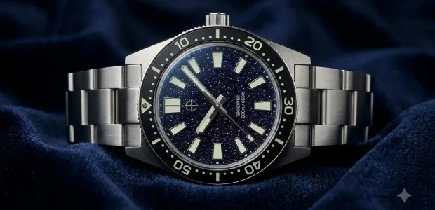 Aethelsohn Terra Starstone 40mm watch with blue goldstone dial on steel bracelet