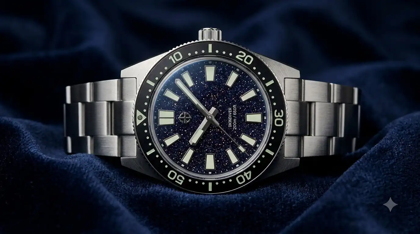 Aethelsohn Terra Starstone 40mm watch with blue goldstone dial on steel bracelet