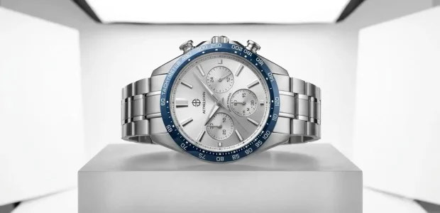 Aethelsohn Solaris Silver solar chronograph with silver sunburst dial on steel bracelet