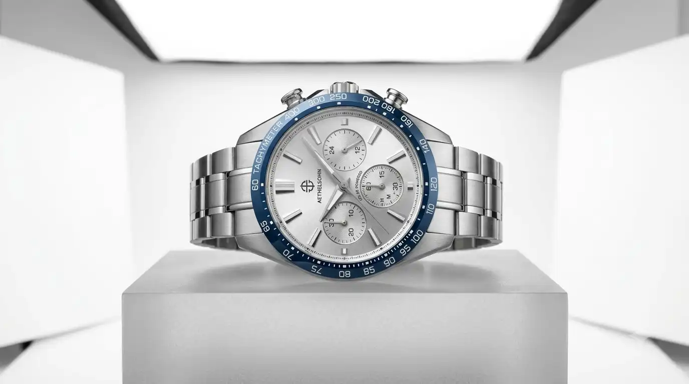 Aethelsohn Solaris Silver solar chronograph with silver sunburst dial on steel bracelet