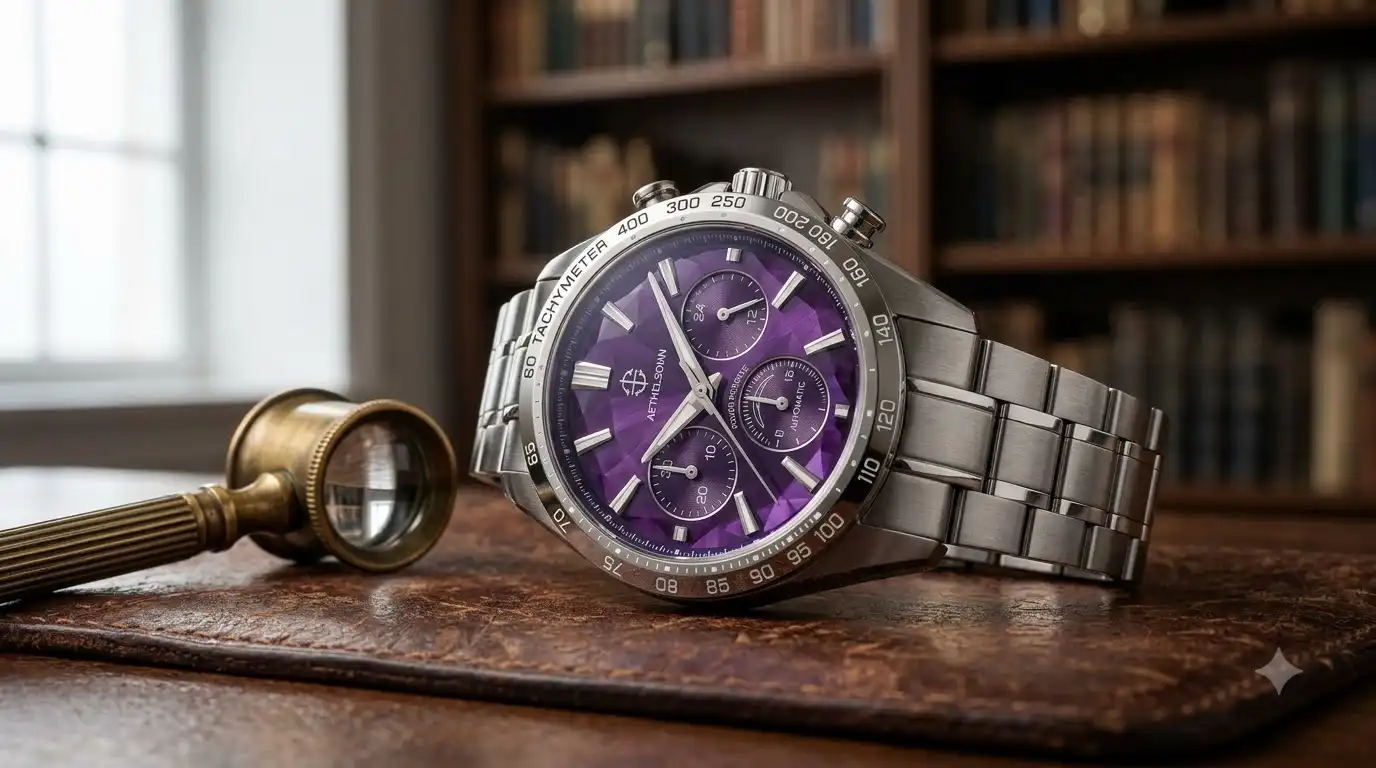 Aethelsohn watch review shot of the Amethyst Shard faceted dial