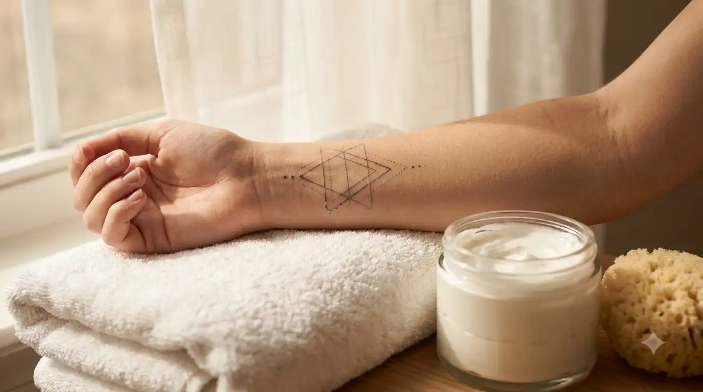 Forearm with a geometric triangle design before you remove EasyTatt semi permanent tattoo, shown beside a cream jar and sponge on a white towel