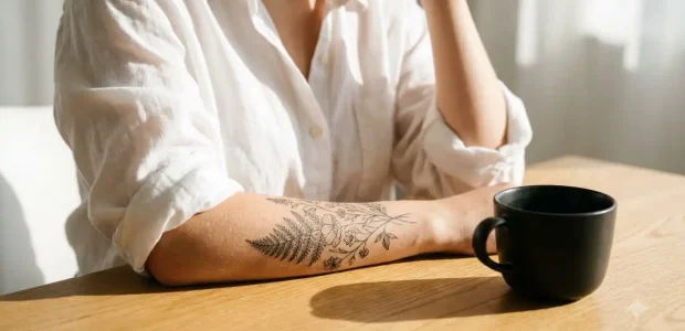 Forearm with a fine-line fern and wildflower tattoo resting on a wooden table next to a black mug in natural light