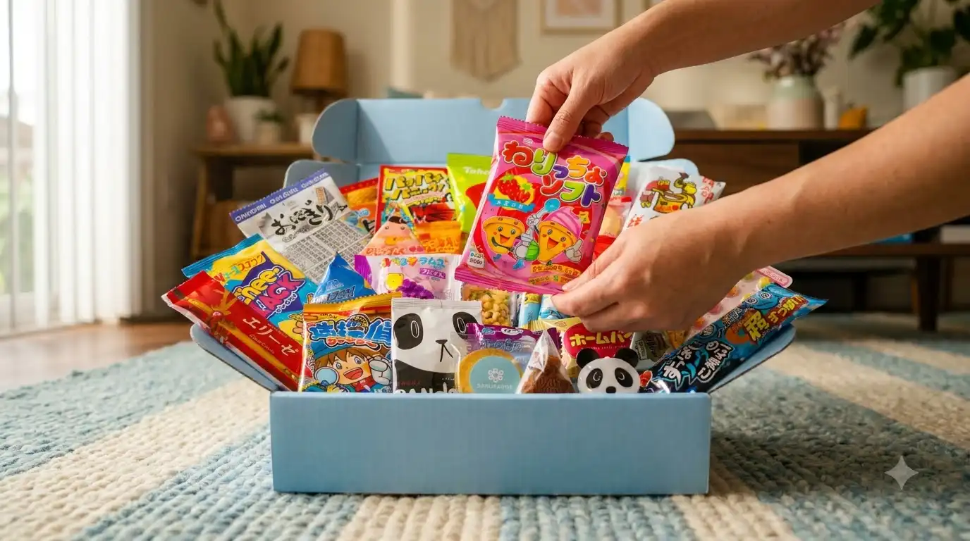 Open blue Sakura Box with 30 Japanese dagashi snacks and booklet
