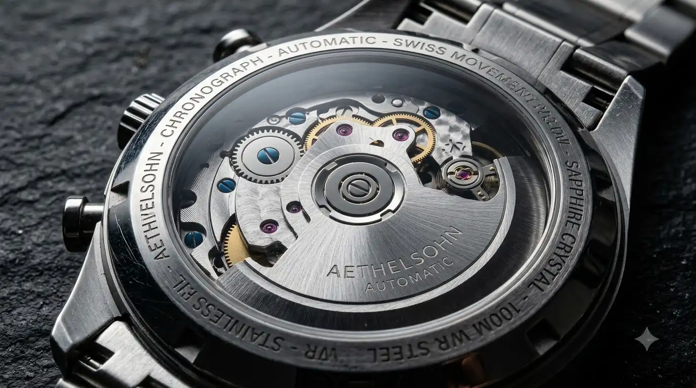 Aethelsohn Amethyst Shard caseback showing the PT5000 automatic movement through sapphire
