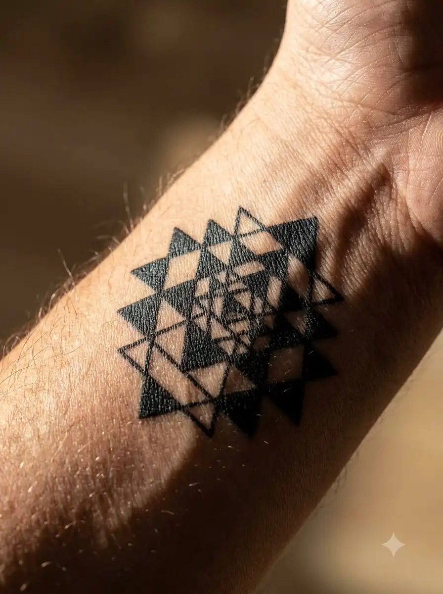 Close-up of a black geometric triangle tattoo on a forearm in warm sunlight, a bold design to try out first