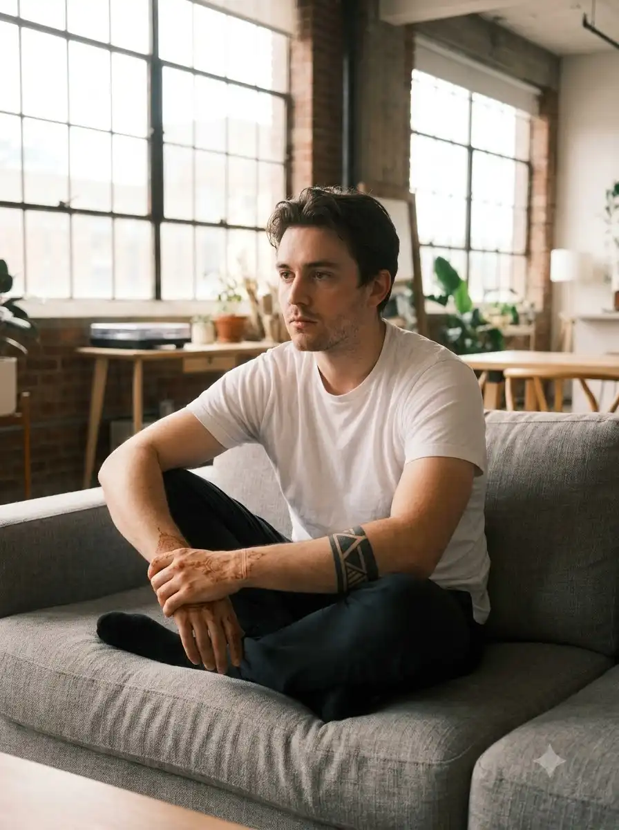 What can I use if I don't have tattoo ink: a man on a gray sofa wearing a temporary black armband design and brown hand art