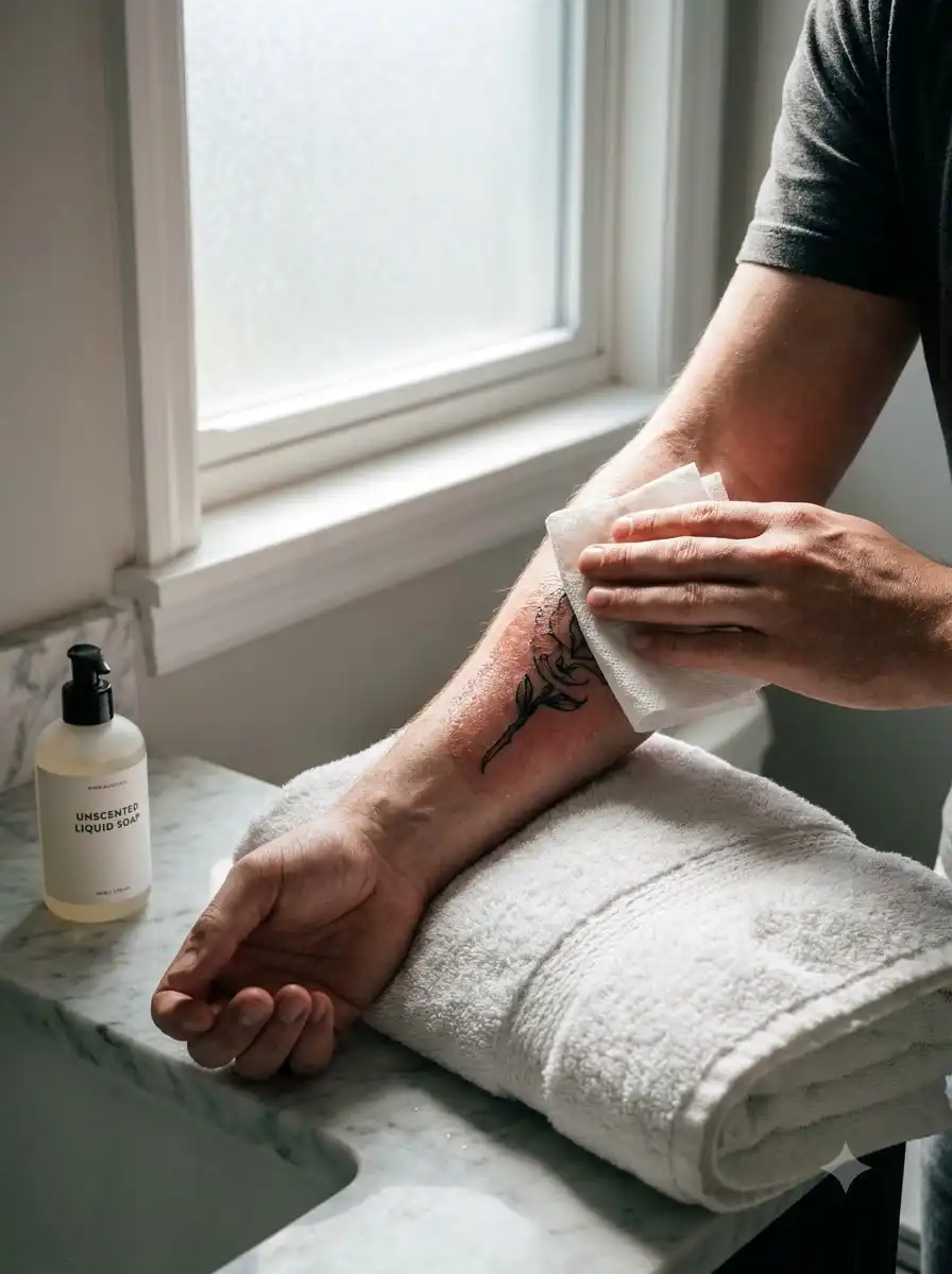 Person dabbing a tattooed forearm with a paper towel beside unscented liquid soap, a tattoo aftercare step