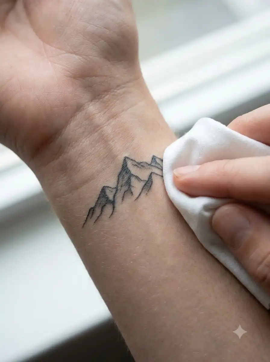 Close-up of a hand pressing a white cloth onto a mountain-range temporary tattoo on a wrist