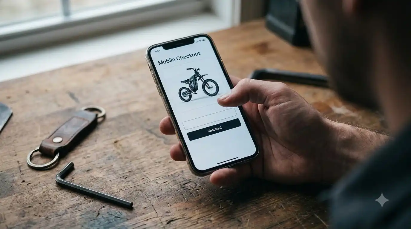 Hand holding a smartphone that shows a mobile checkout screen with an electric bike, illustrating Freego X2 Pro checkout