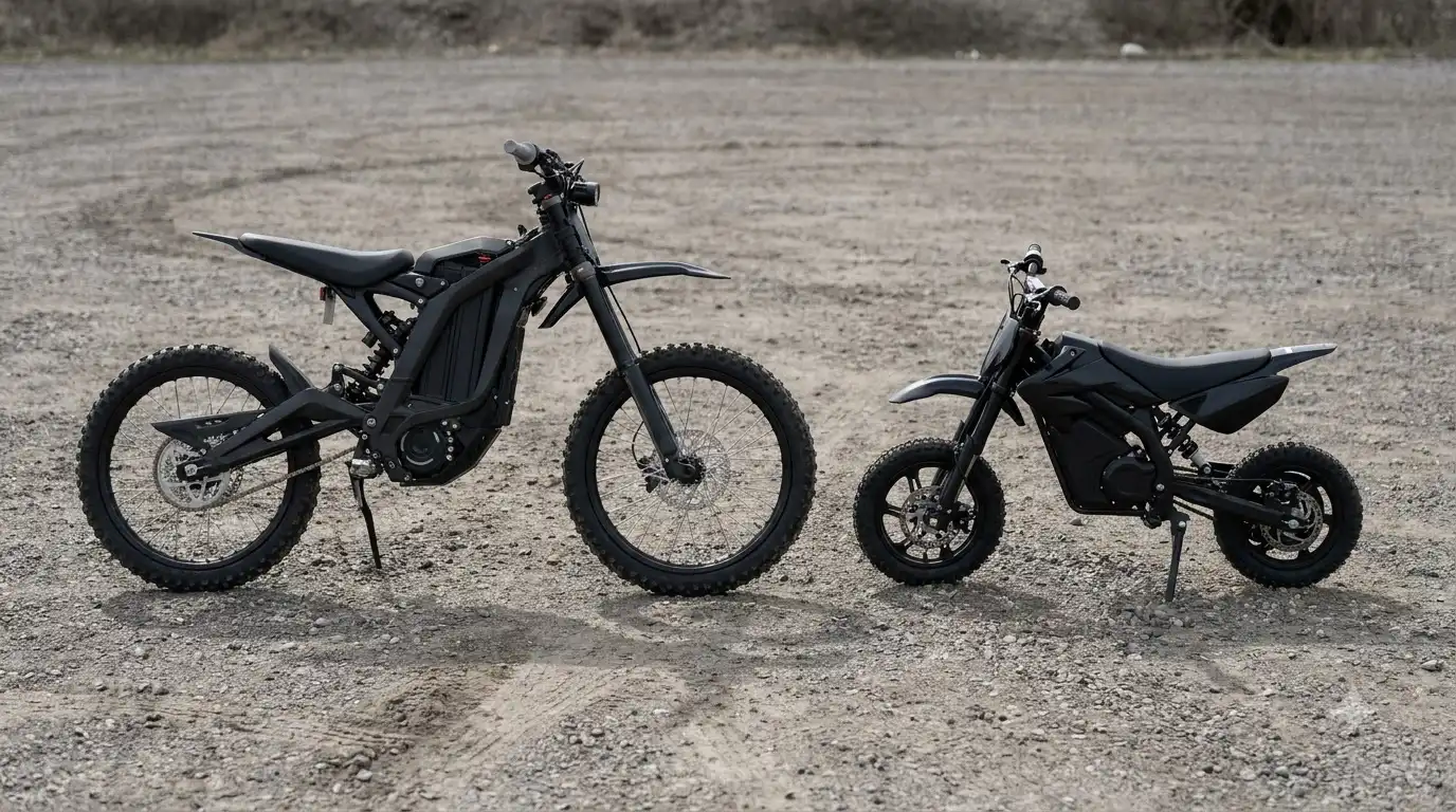 Two black electric dirt bikes parked side by side on a gravel lot, one larger and one noticeably smaller
