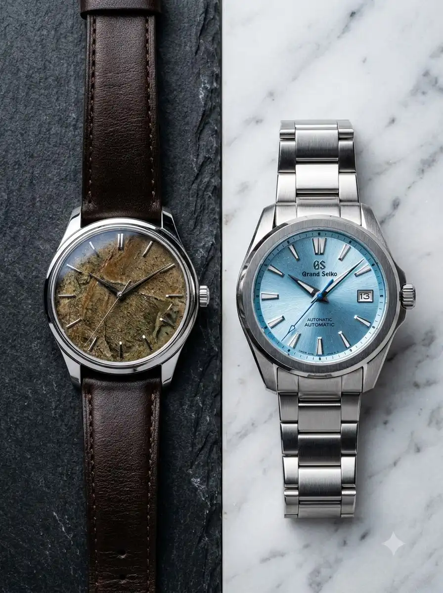 Terra Nova natural stone dial quartz watch next to Glacier Blue automatic