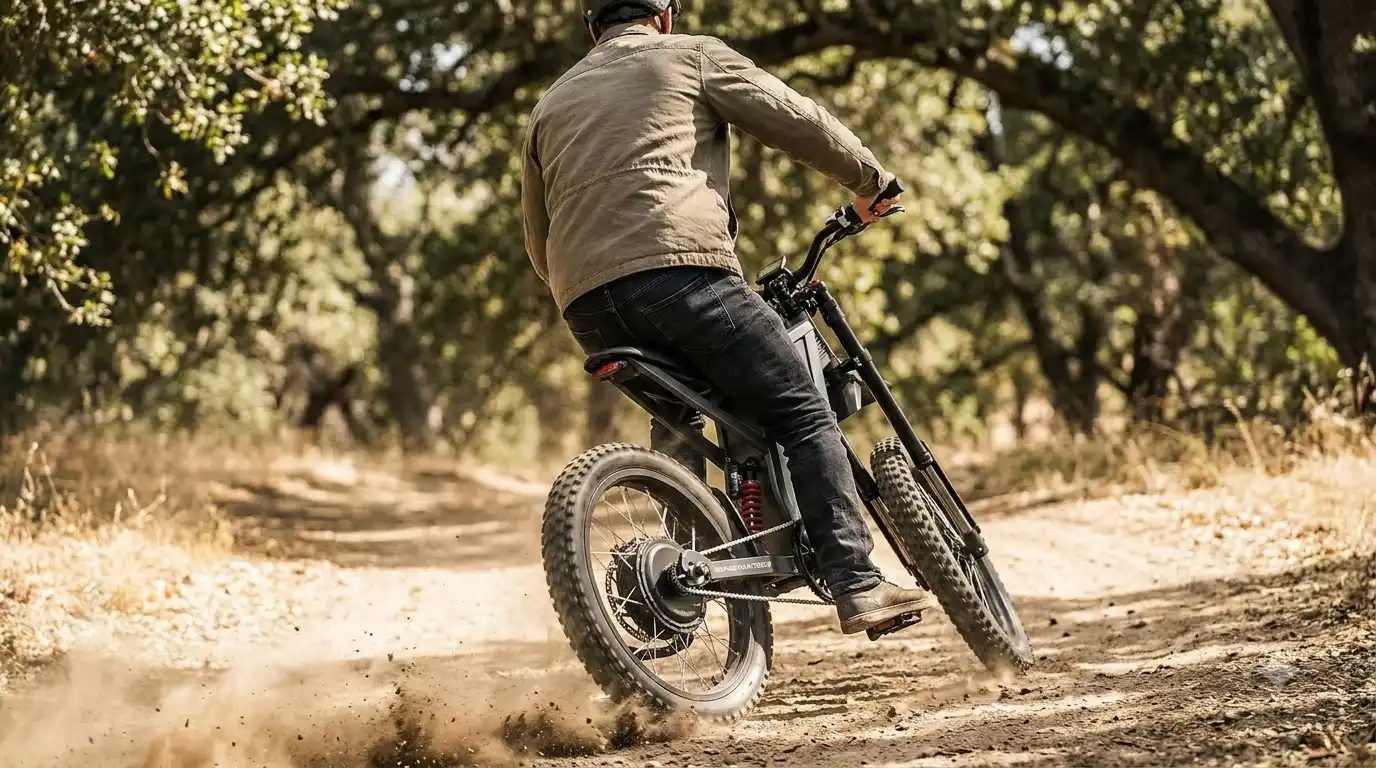 Rider in a khaki jacket and jeans leaning a Freego X2 Pro Range electric bike through a dusty dirt trail beneath trees