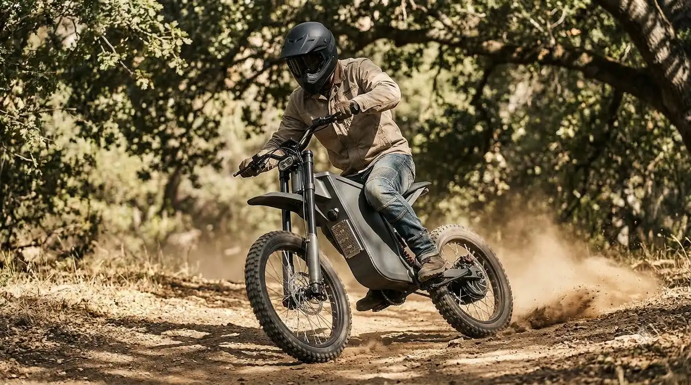 Rider in a full-face helmet leaning an electric dirt bike through a dusty turn, freego x2 pro vs juiced nomadix
