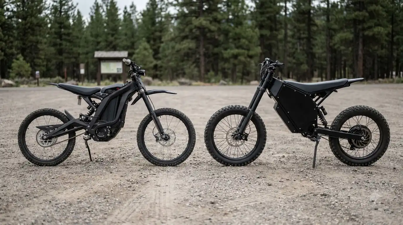 Two black electric bikes parked side by side on a gravel trailhead lot in a pine forest, featuring the Freego Nova 5 Pro