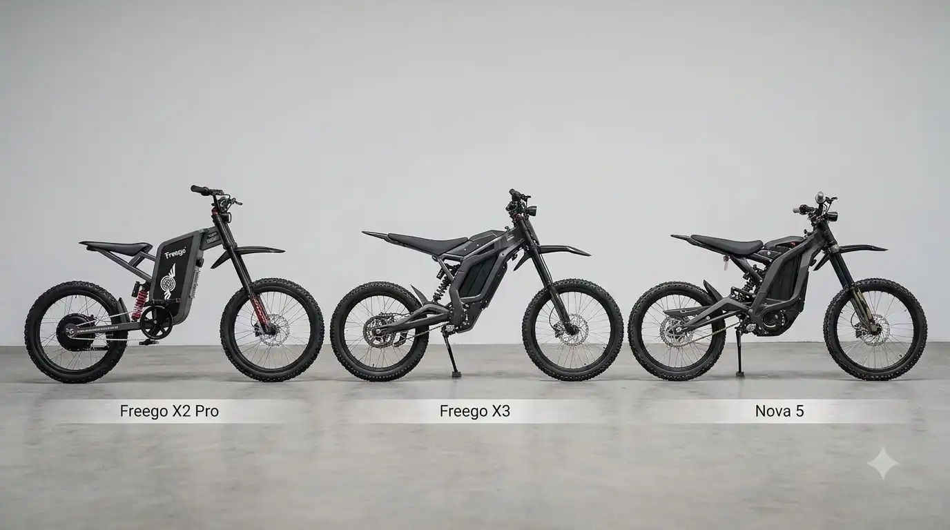 Side-by-side comparison of the Freego X2 Pro, Freego X3 and Nova 5 electric dirt bikes with model names labeled