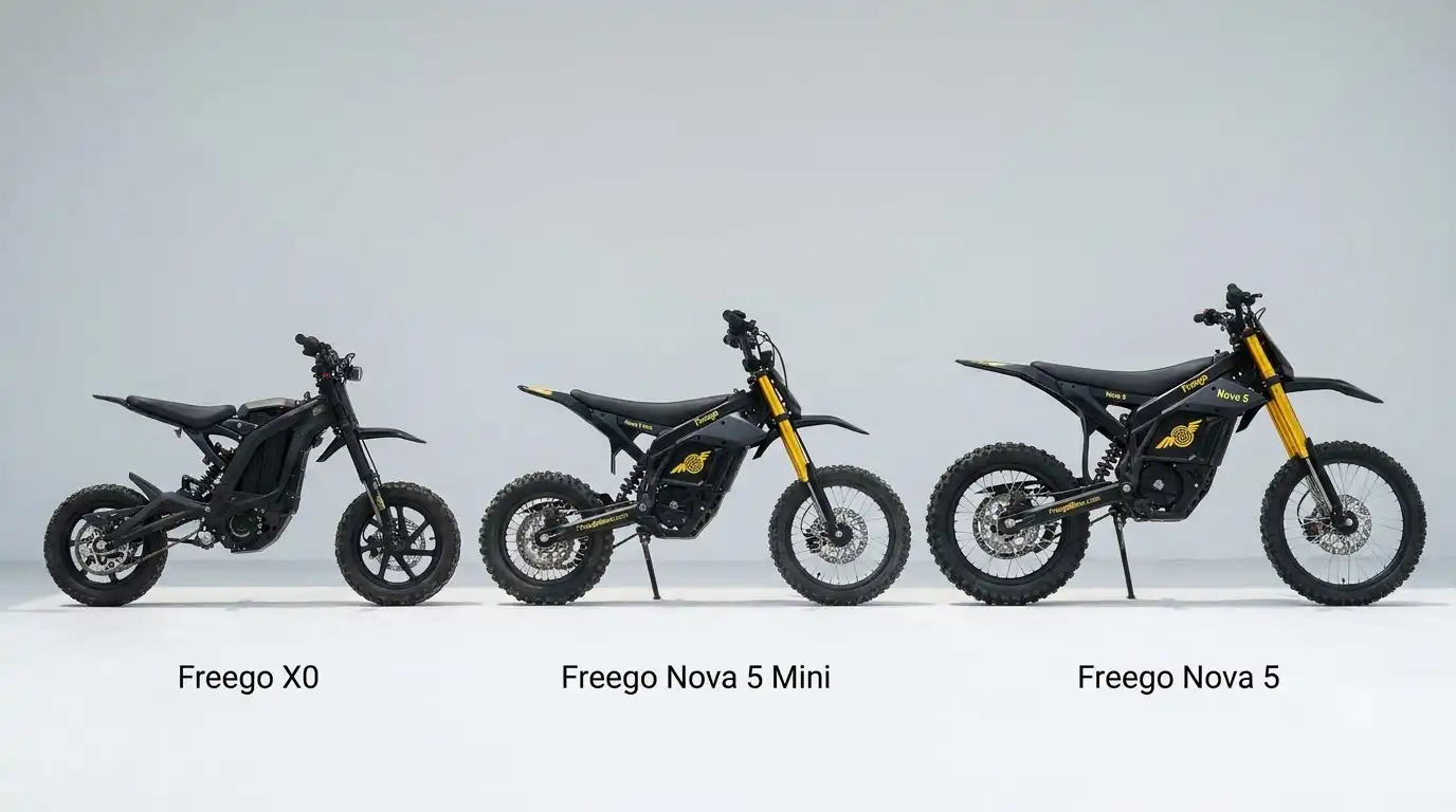 Freego X0, Freego Nova 5 Mini and Freego Nova 5 electric dirt bikes lined up side by side to compare their sizes