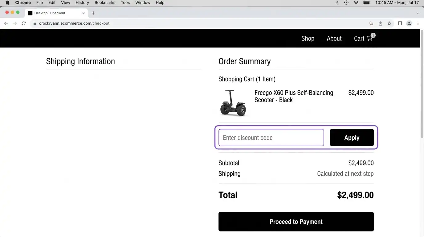 Screenshot of the Freego checkout page with the X60 Plus Self-Balancing Scooter in the cart and a discount code field